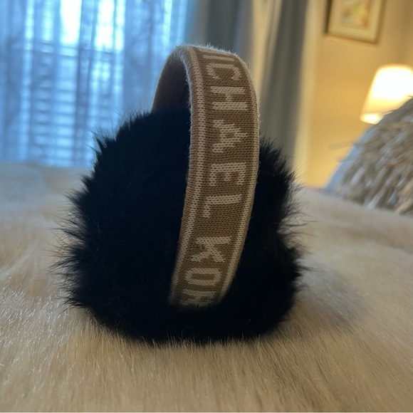 MICHAEL KORS (not outlet!) Black Fur Earmuffs Logo Tan Lettering on Headband - Picture 5 of 12